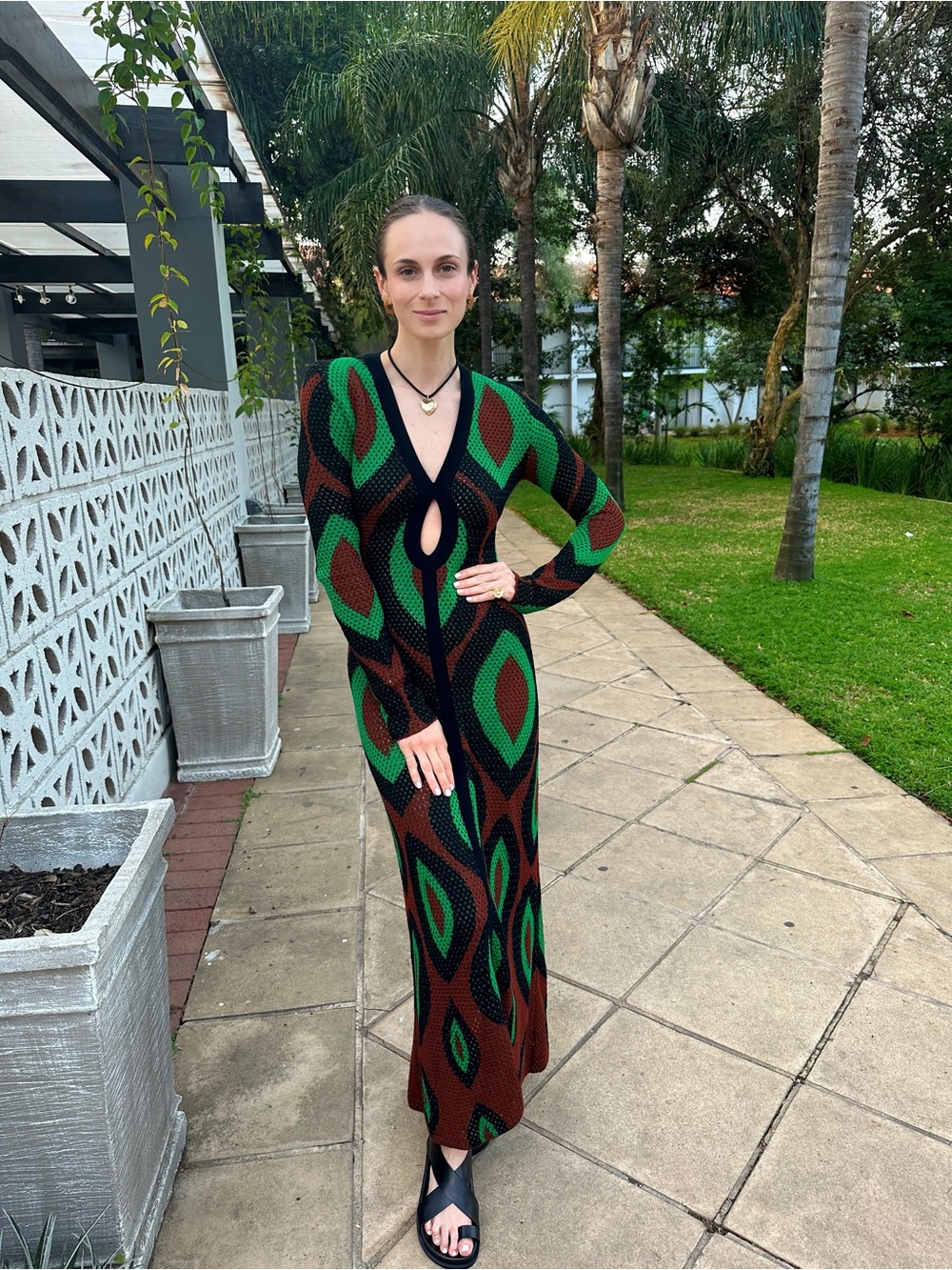 Johanna Ortiz Black, Green & Brown Geometric Knit Maxi Dress